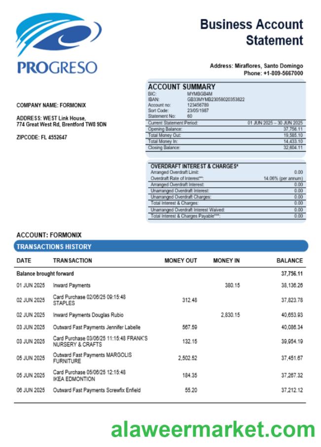 Progreso business account statement Word and PDF template